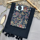 Black Handloom Khadi Cotton Saree With Black Color Print Blouse